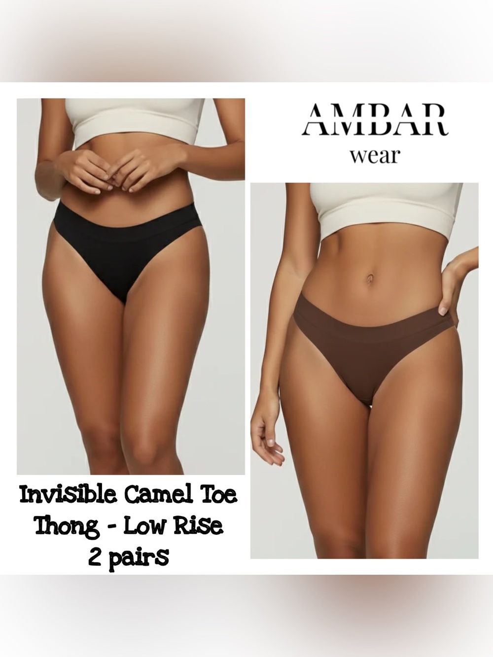 Ambar Wear Invisible Camel Toe Thong - Low Rise 2 Pairs Coffee XS Black S NWOT